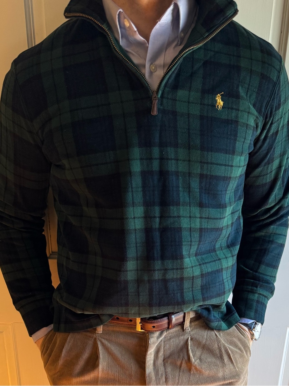 Polo Ralph Lauren Navy & Green Plaid Half-Zip Pullover with Gold Pony